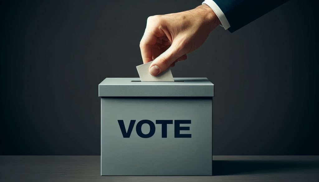 hand placing a ballot into a ballot box